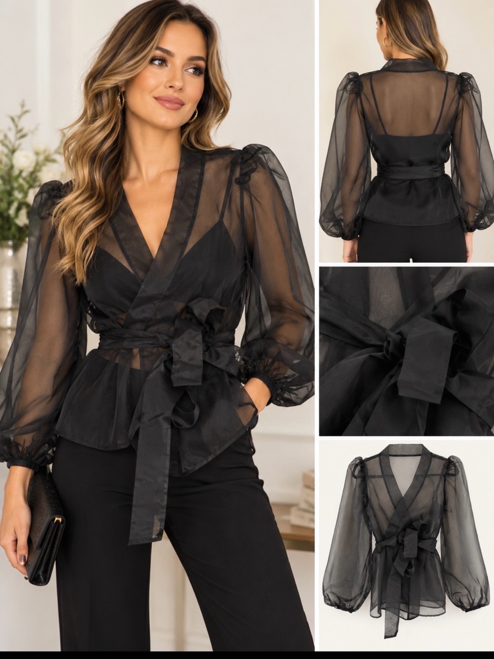Elegant Black Sheer Wrap Blouse with Balloon Sleeves size S